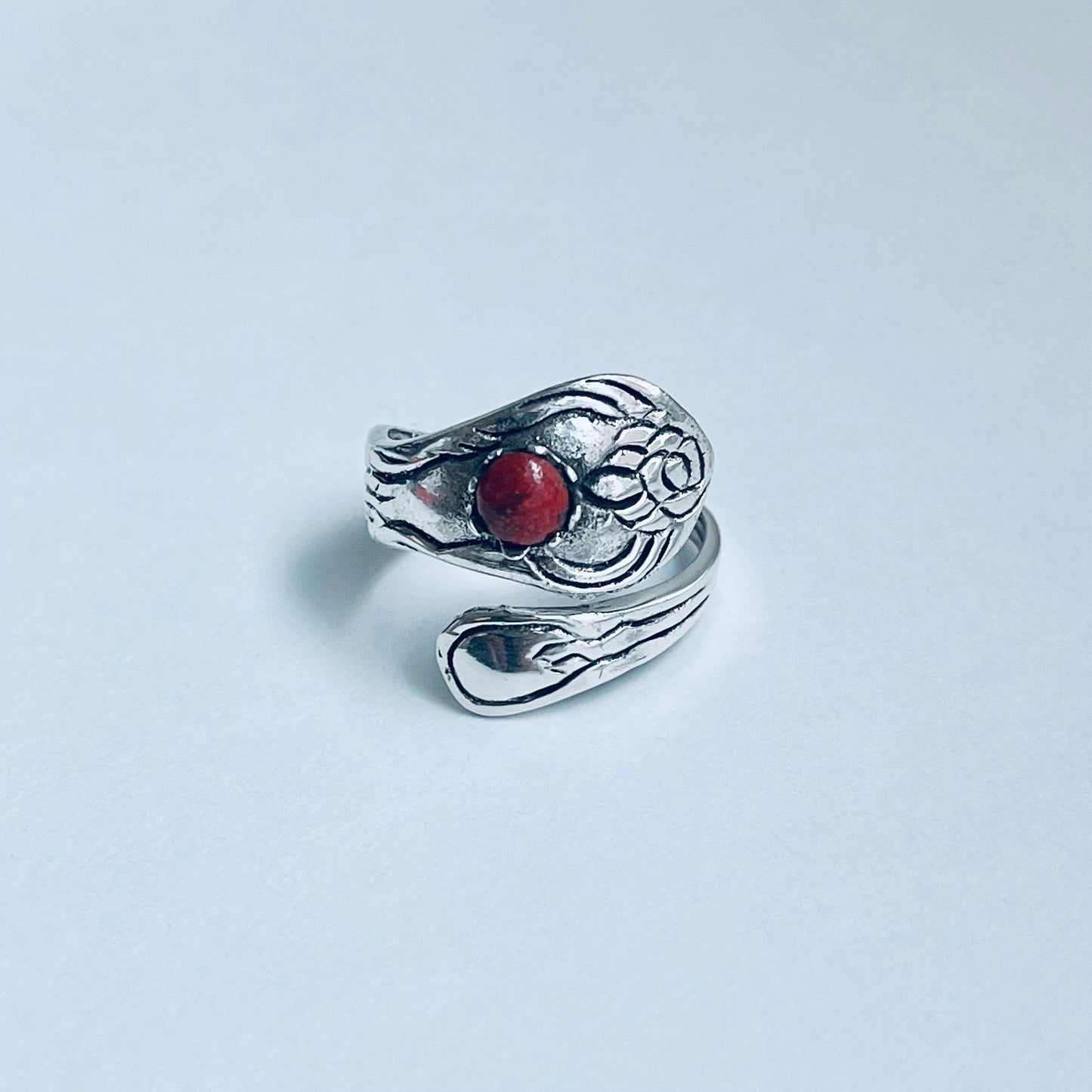 Sterling Silver Spoon Ring: Red Agate, Flower Design, Boho Statement