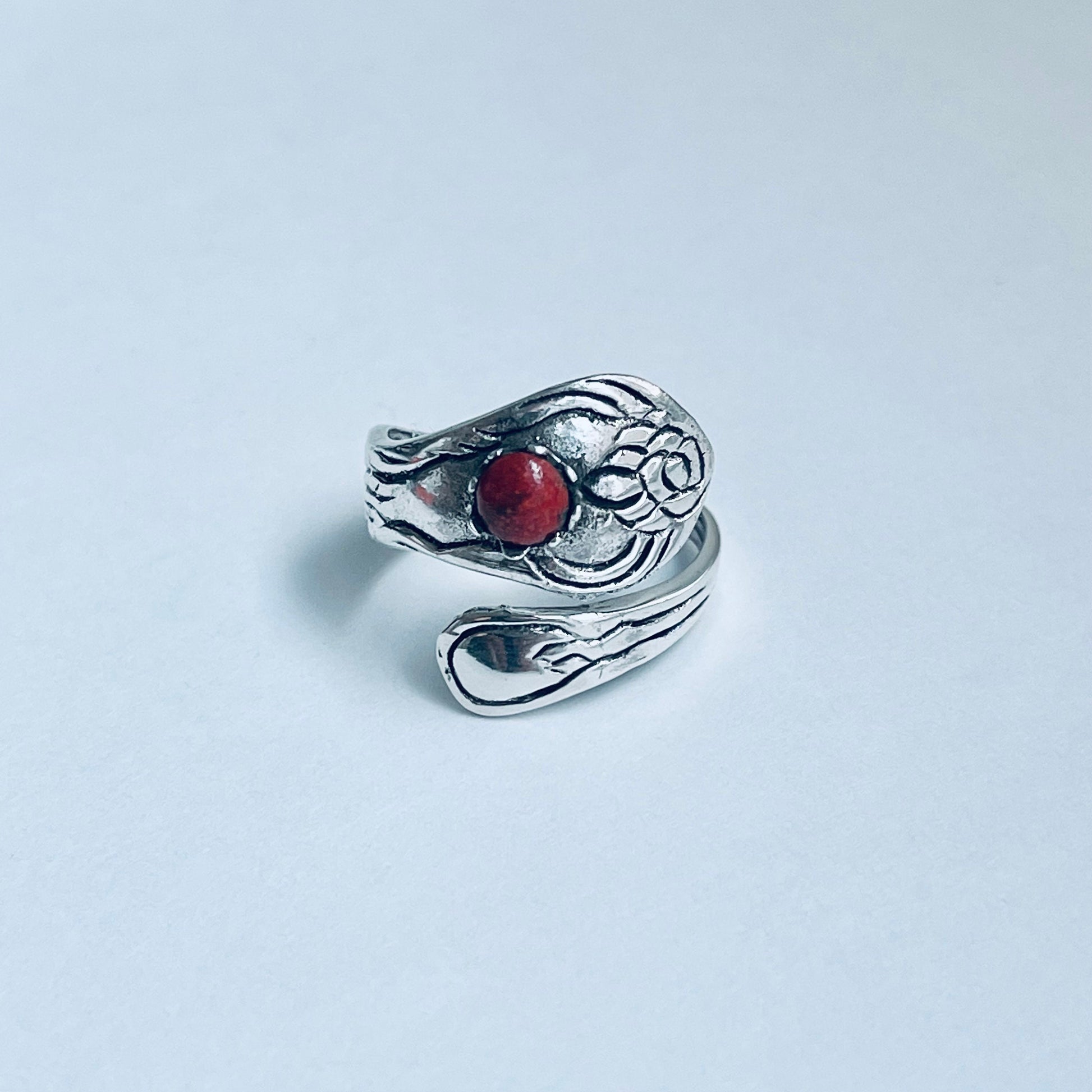 Sterling Silver Spoon Ring: Red Agate, Flower Design, Boho Statement