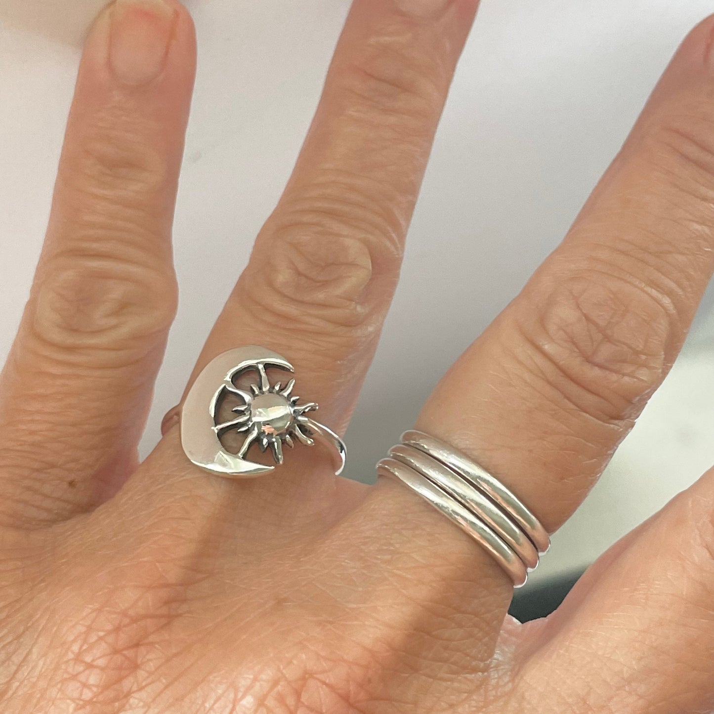 Oxidized Sterling Silver Sun and Moon Ring: Celestial Statement