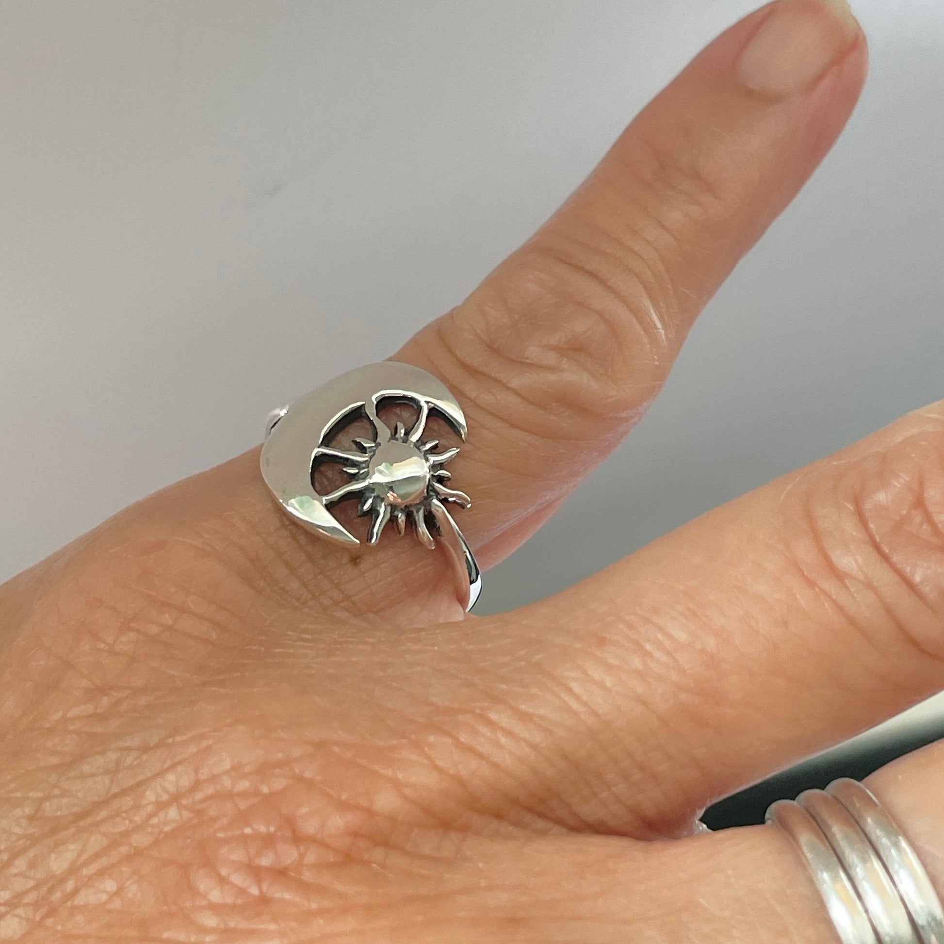Oxidized Sterling Silver Sun and Moon Ring: Celestial Statement