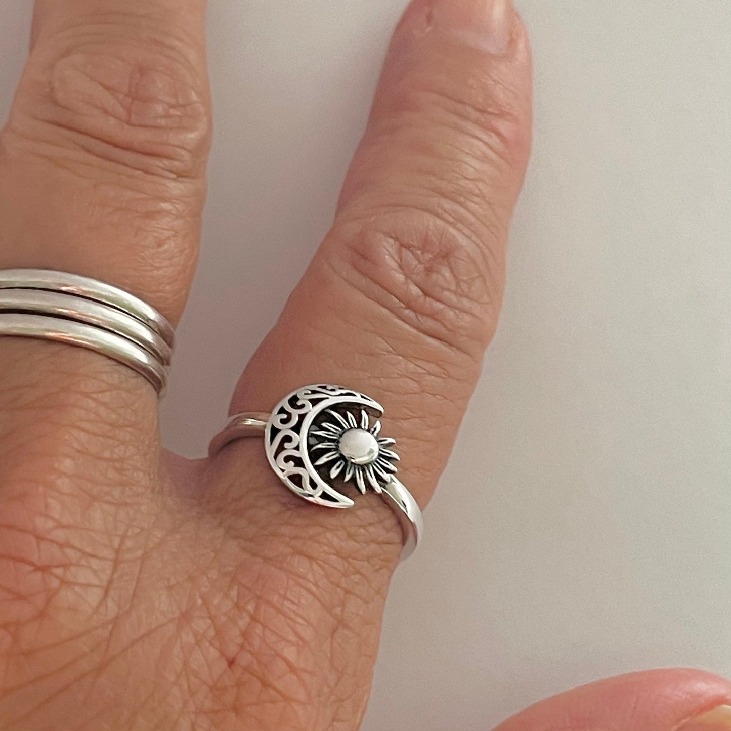 Filigree Moon and Sun Sterling Silver Ring: Celestial Toe Ring