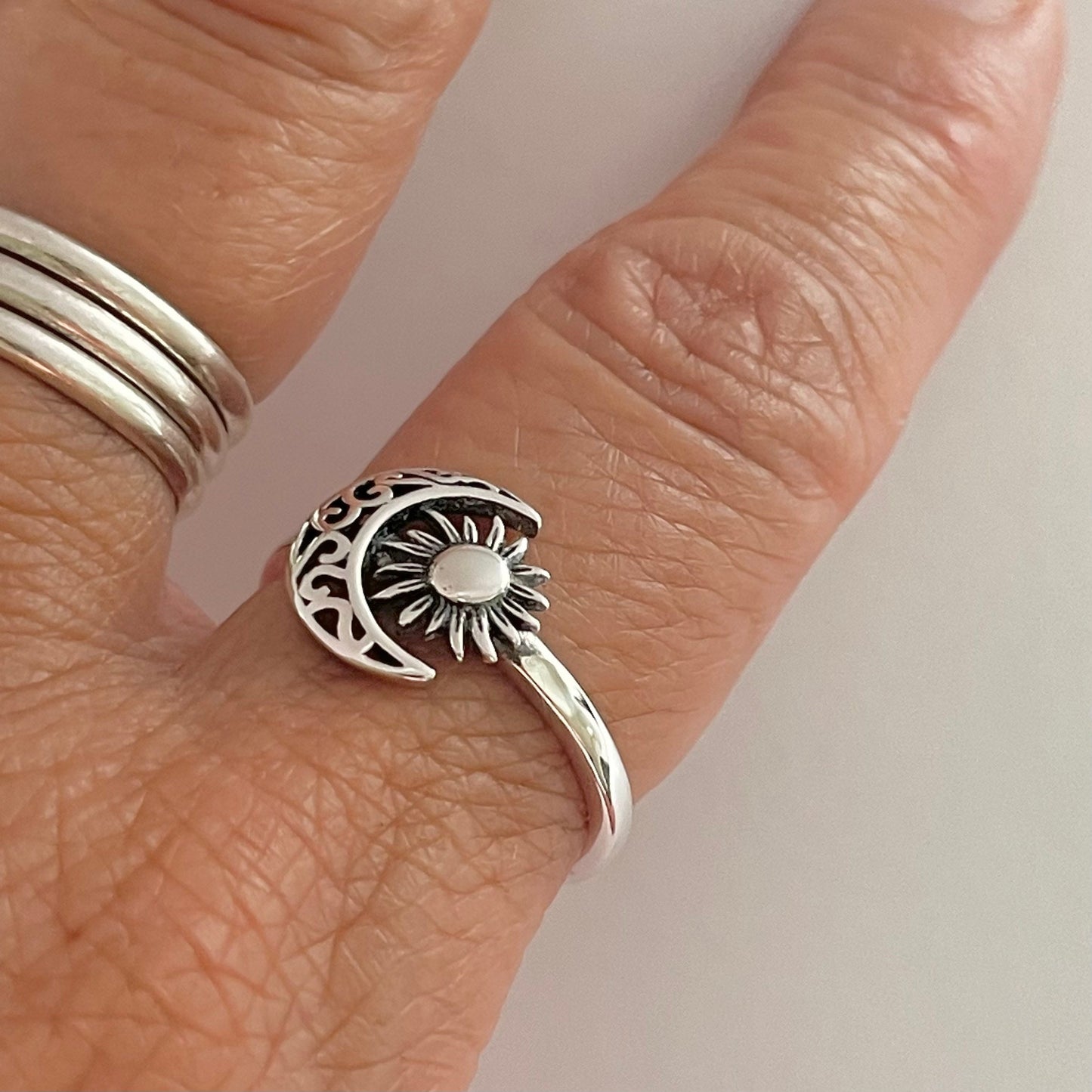 Filigree Moon and Sun Sterling Silver Ring: Celestial Toe Ring