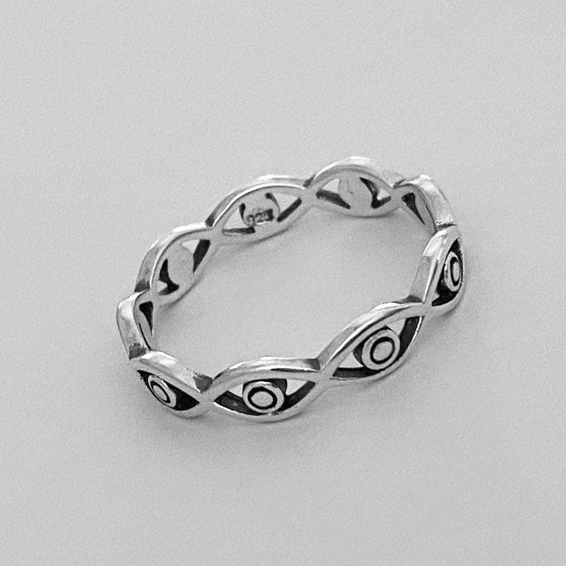 Sterling Silver Eternity Eyes Ring: Boho Religious Band