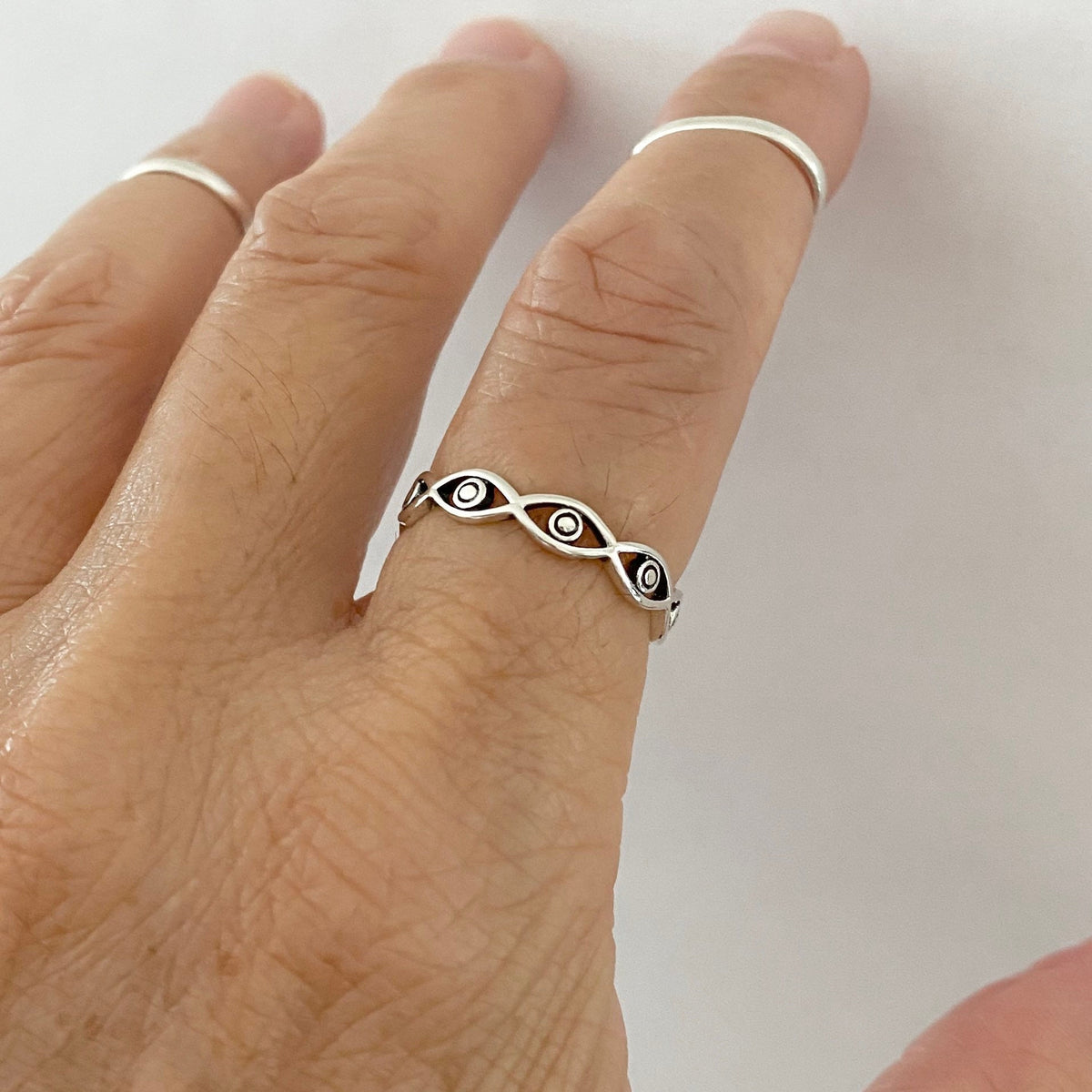 Sterling Silver Eternity Eyes Ring: Boho Religious Band