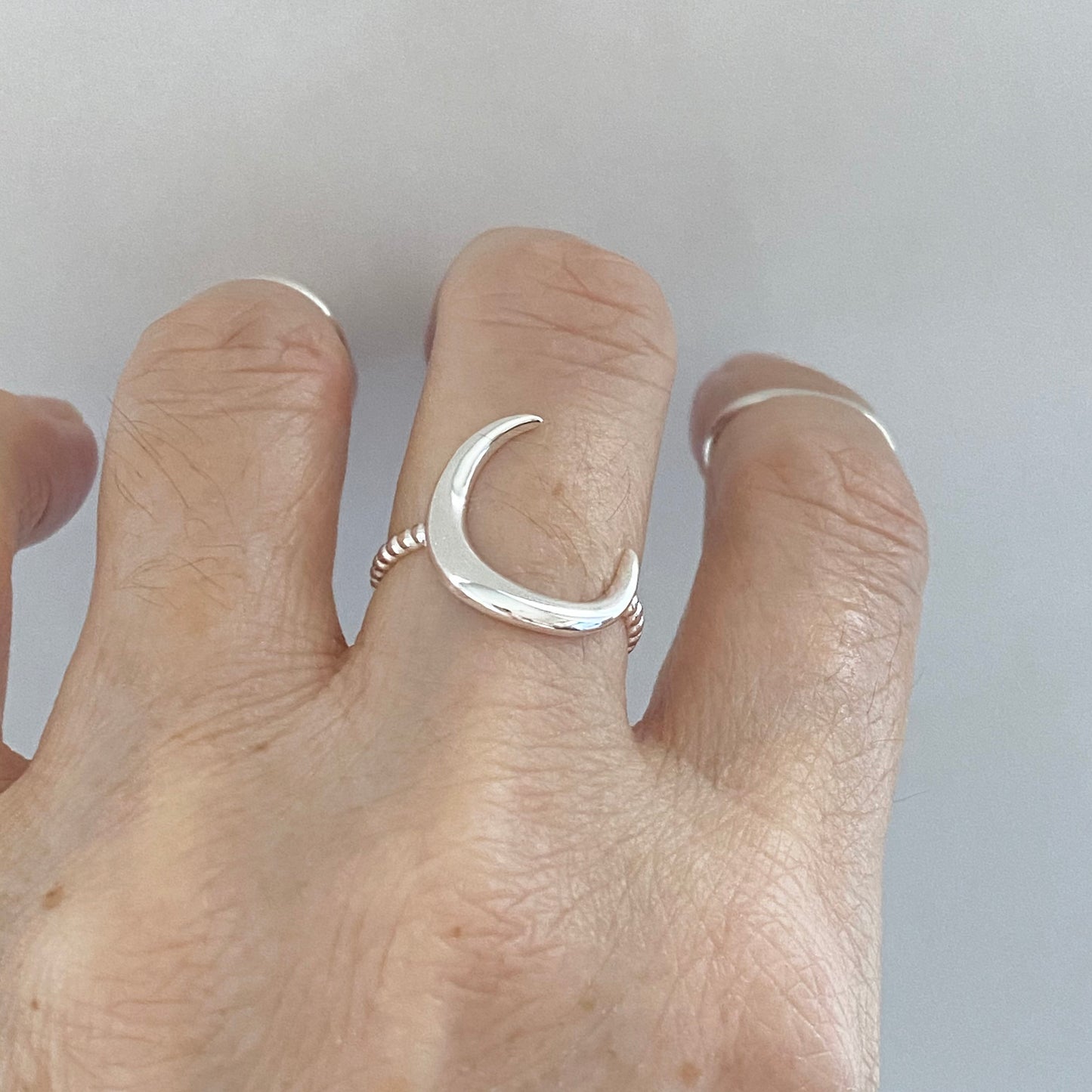 Sterling Silver Large or Small Crescent Moon Ring, Rope Band Ring, Silver Moon Ring, Dainty Ring, Large Moon Silver Ring, Silver Rope Ring