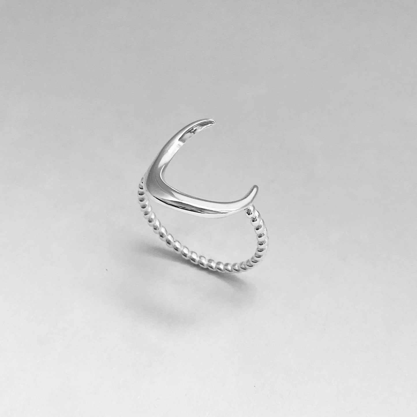 Sterling Silver Large or Small Crescent Moon Ring, Rope Band Ring, Silver Moon Ring, Dainty Ring, Large Moon Silver Ring, Silver Rope Ring