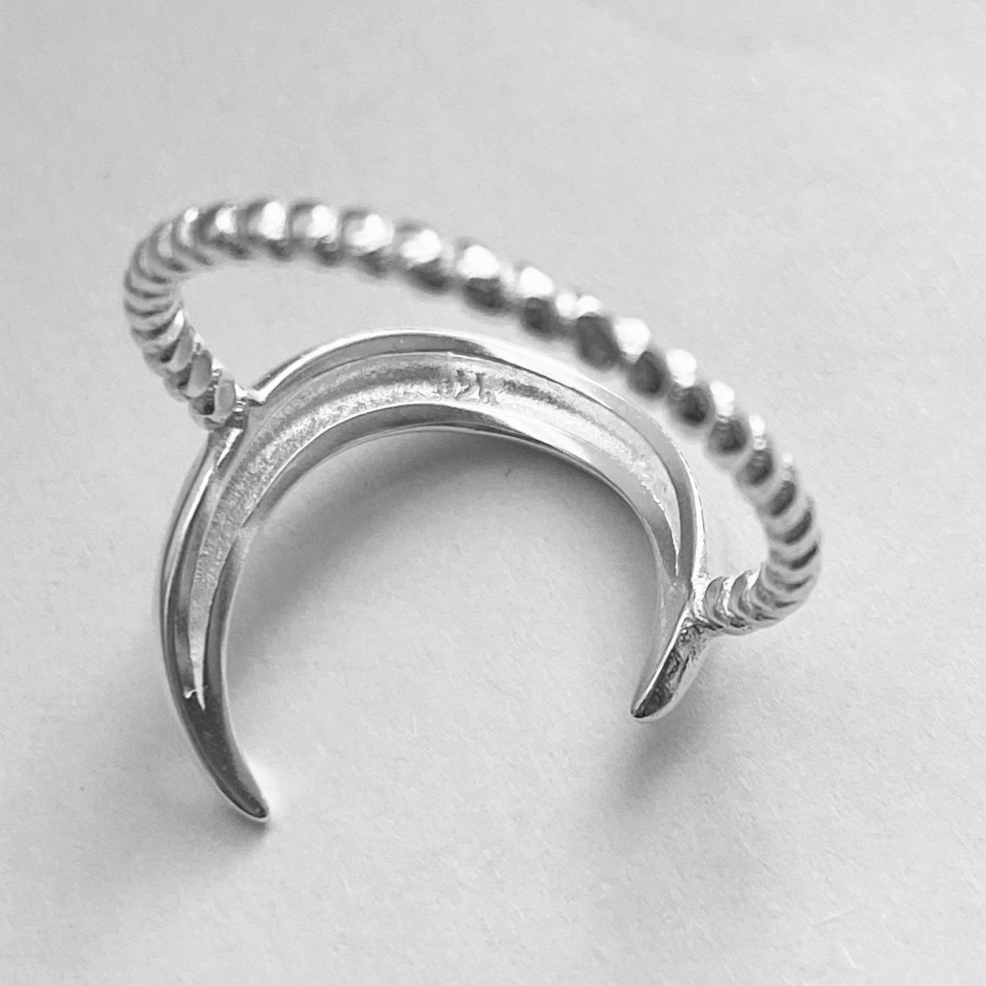 Sterling Silver Large or Small Crescent Moon Ring, Rope Band Ring, Silver Moon Ring, Dainty Ring, Large Moon Silver Ring, Silver Rope Ring