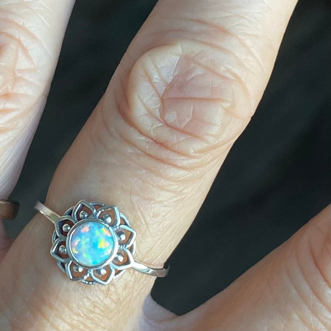 Sterling Silver Mandala Ring: White or Blue Lab Opal Floral Ring
