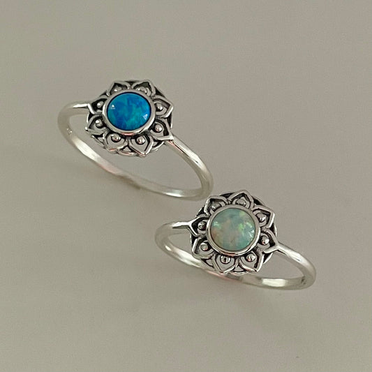 Sterling Silver Mandala Ring: White or Blue Lab Opal Floral Ring