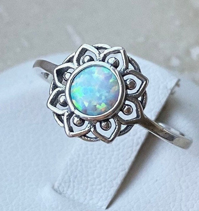 Sterling Silver Mandala Ring: White or Blue Lab Opal Floral Ring
