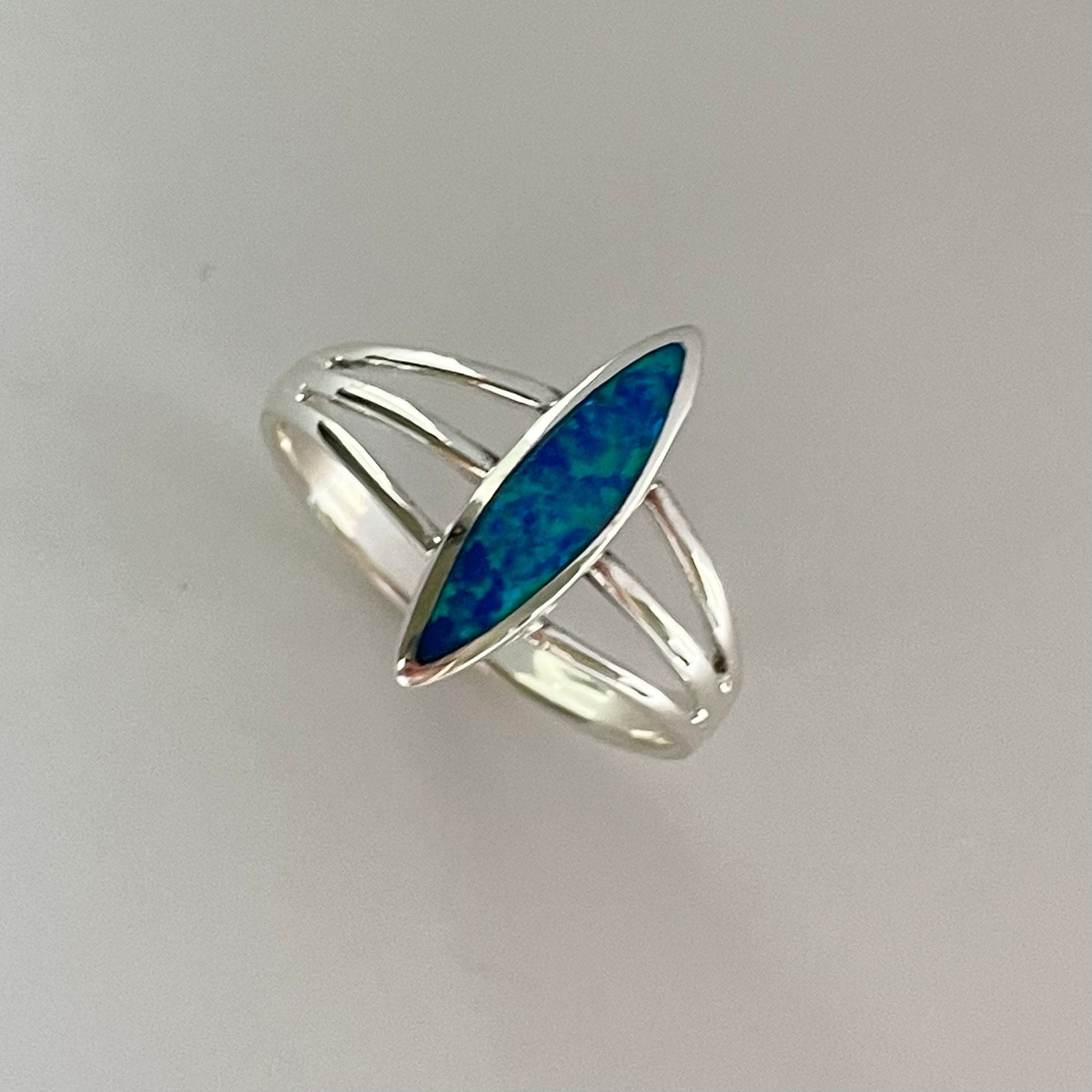 Blue Opal Sterling Silver Ring: Diamond Shape Boho Statement Ring