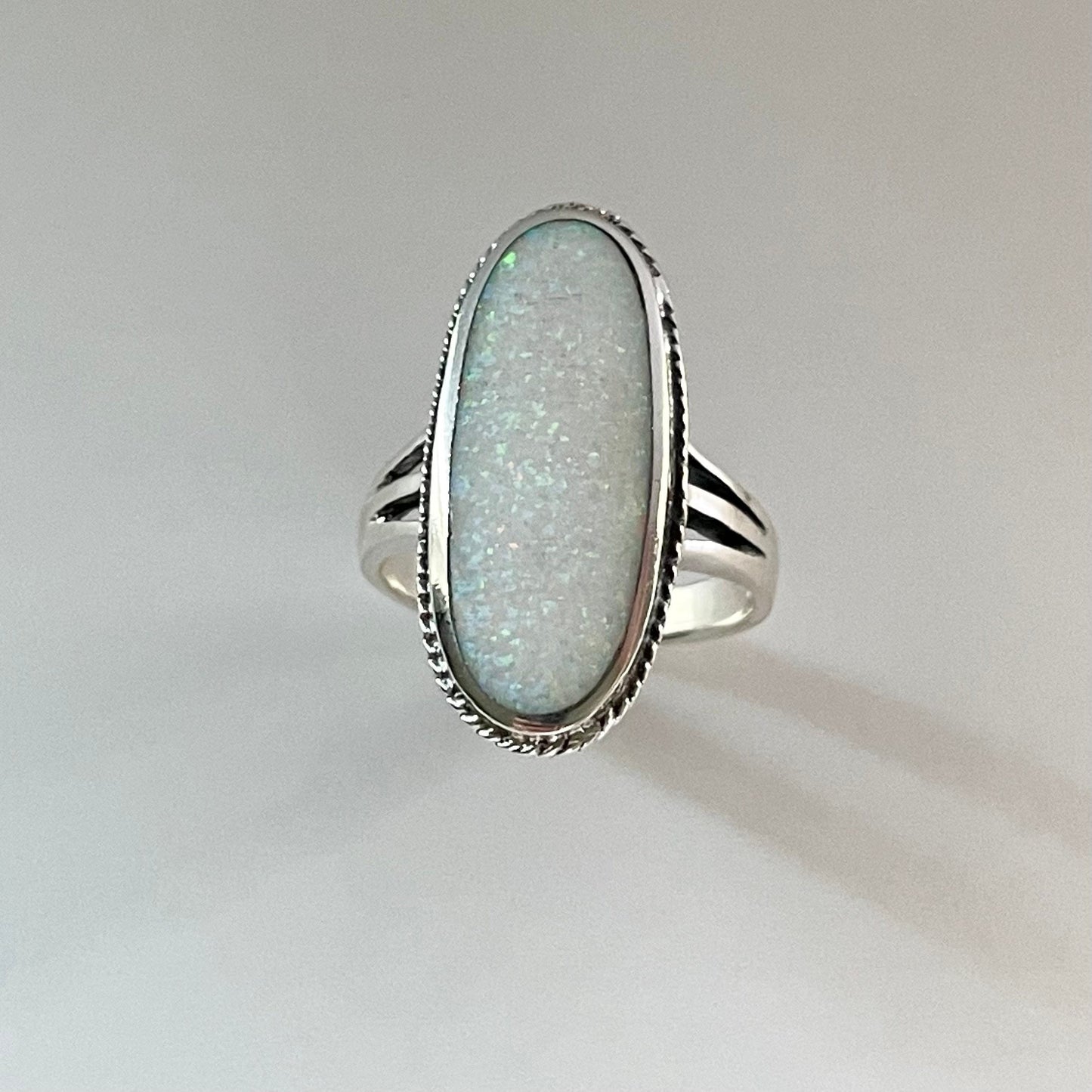 Large White Lab Opal Sterling Silver Ring - October Birthstone