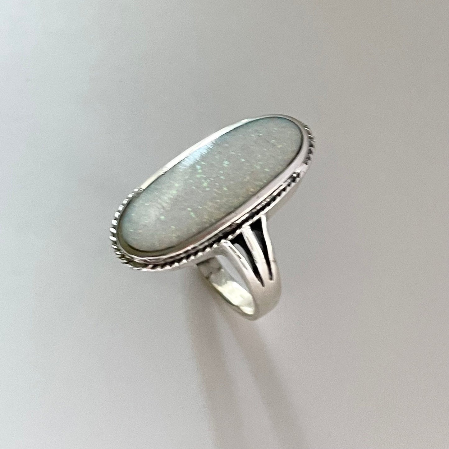 Large White Lab Opal Sterling Silver Ring - October Birthstone