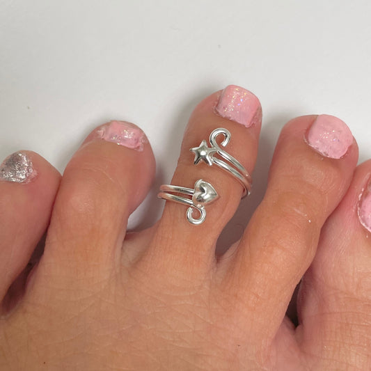 Sterling silver hearts and star toe ring, heart toe ring, heart midi ring, star toe ring, silver toe ring, heart toe ring