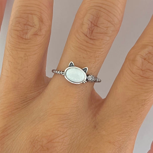 Sterling silver white opal cat & fish rope ring, cat ring, fish ring, silver cat ring, rope ring, silver fish ring, white opal ring