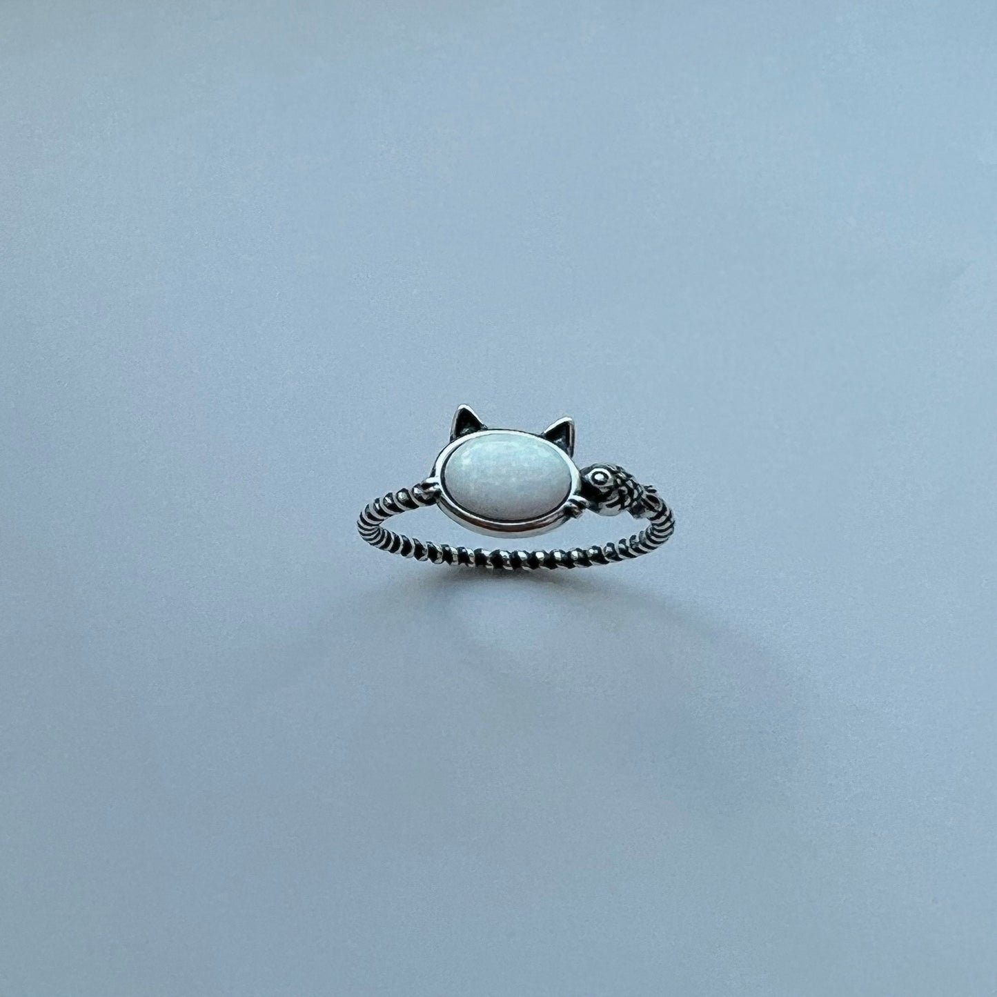 Sterling Silver White Opal Cat & Fish Rope Ring