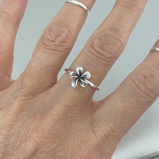 Dainty Sterling Silver Plumeria Flower Ring: Hawaiian Boho Jewelry