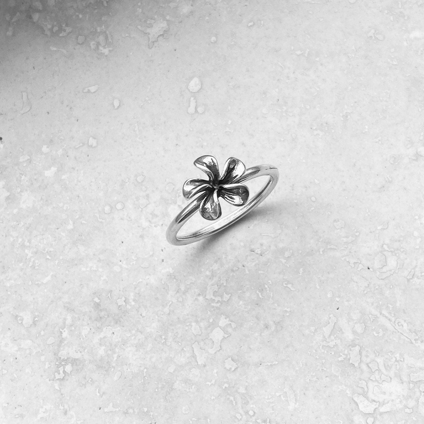 Dainty Sterling Silver Plumeria Flower Ring: Hawaiian Boho Jewelry