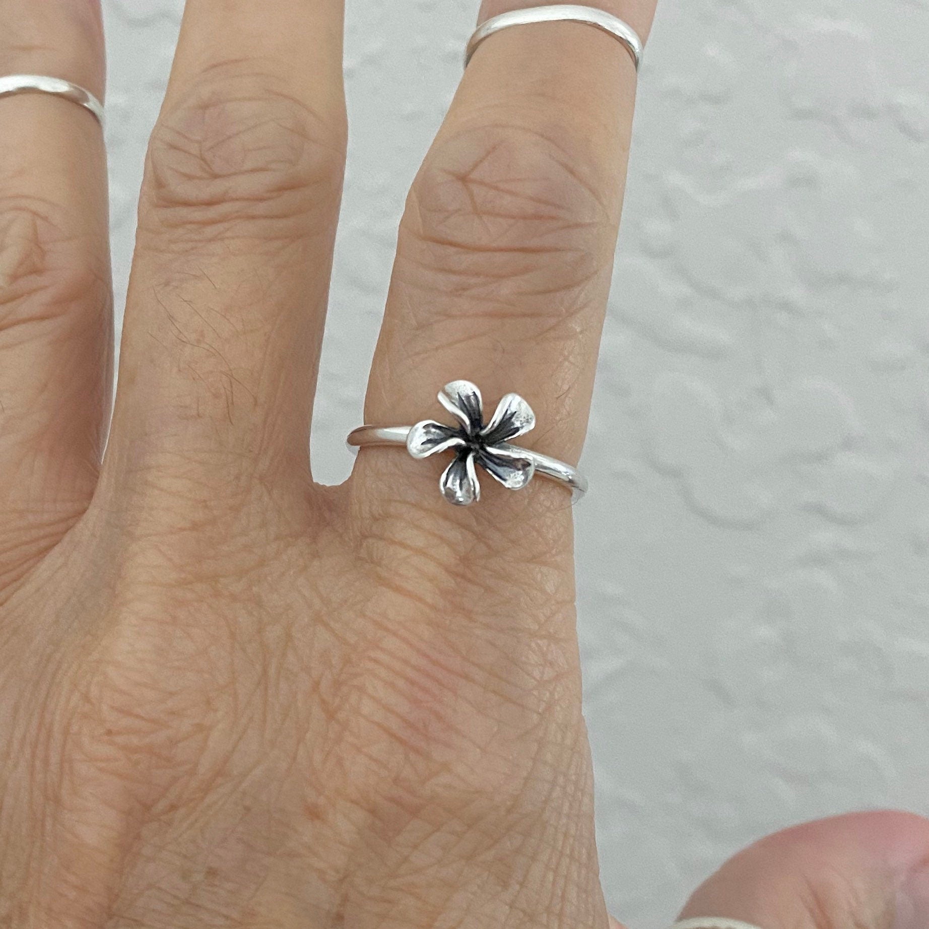 Dainty Sterling Silver Plumeria Flower Ring: Hawaiian Boho Jewelry