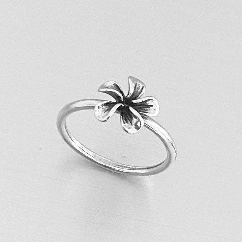 Dainty Sterling Silver Plumeria Flower Ring: Hawaiian Boho Jewelry
