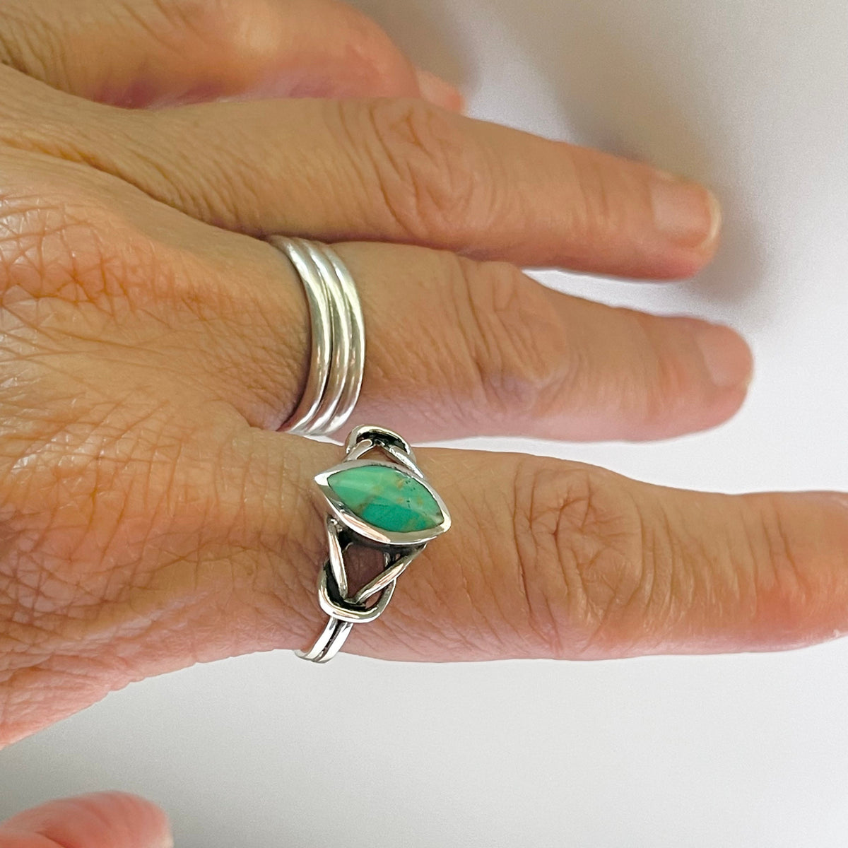 Sterling Silver Simulated Turquoise Ring: Diamond Knot Boho Statement