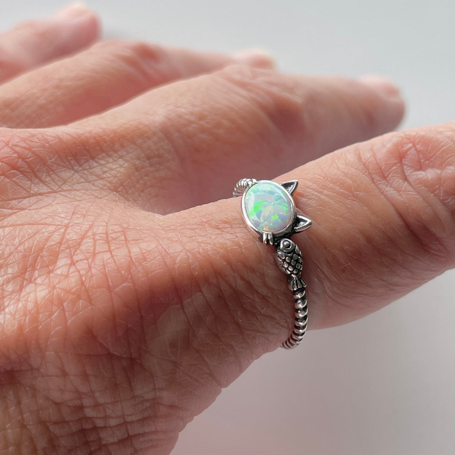 Sterling Silver White Opal Cat & Fish Rope Ring
