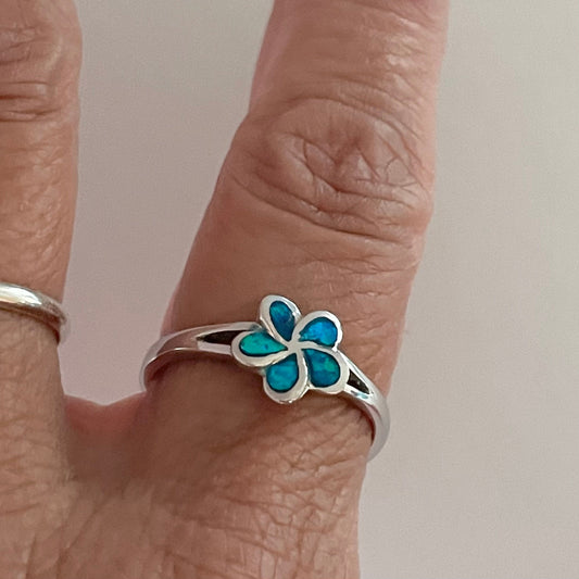 Sterling Silver Blue Lab Opal Plumeria Flower, Silver Flower Ring, Hawaii Flower Ring, Plumeria Ring, Blue Opal Ring, Promise Flower Ring