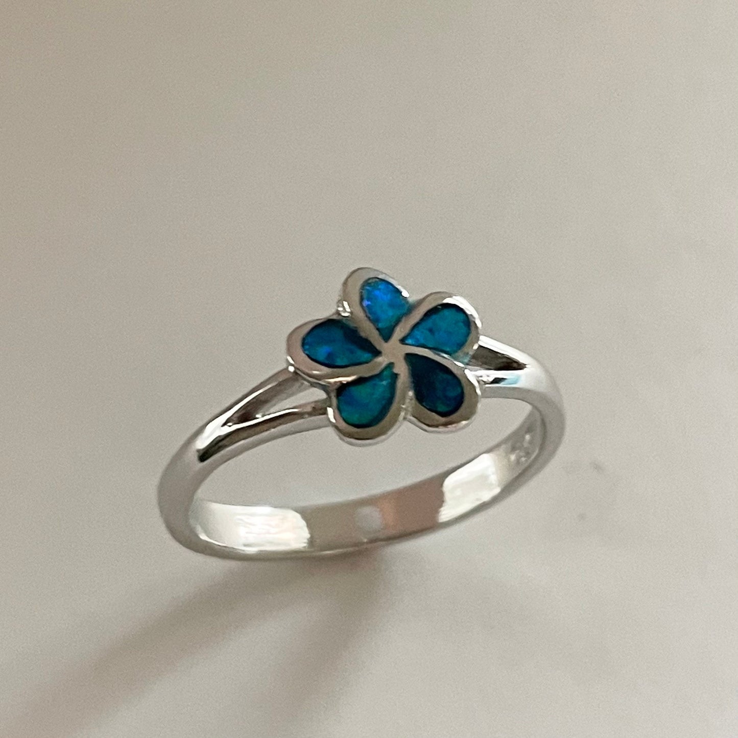 Sterling Silver Blue Lab Opal Plumeria Ring: Hawaiian Flower Jewelry