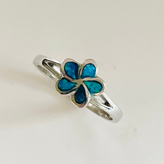 Sterling Silver Blue Lab Opal Plumeria Ring: Hawaiian Flower Jewelry