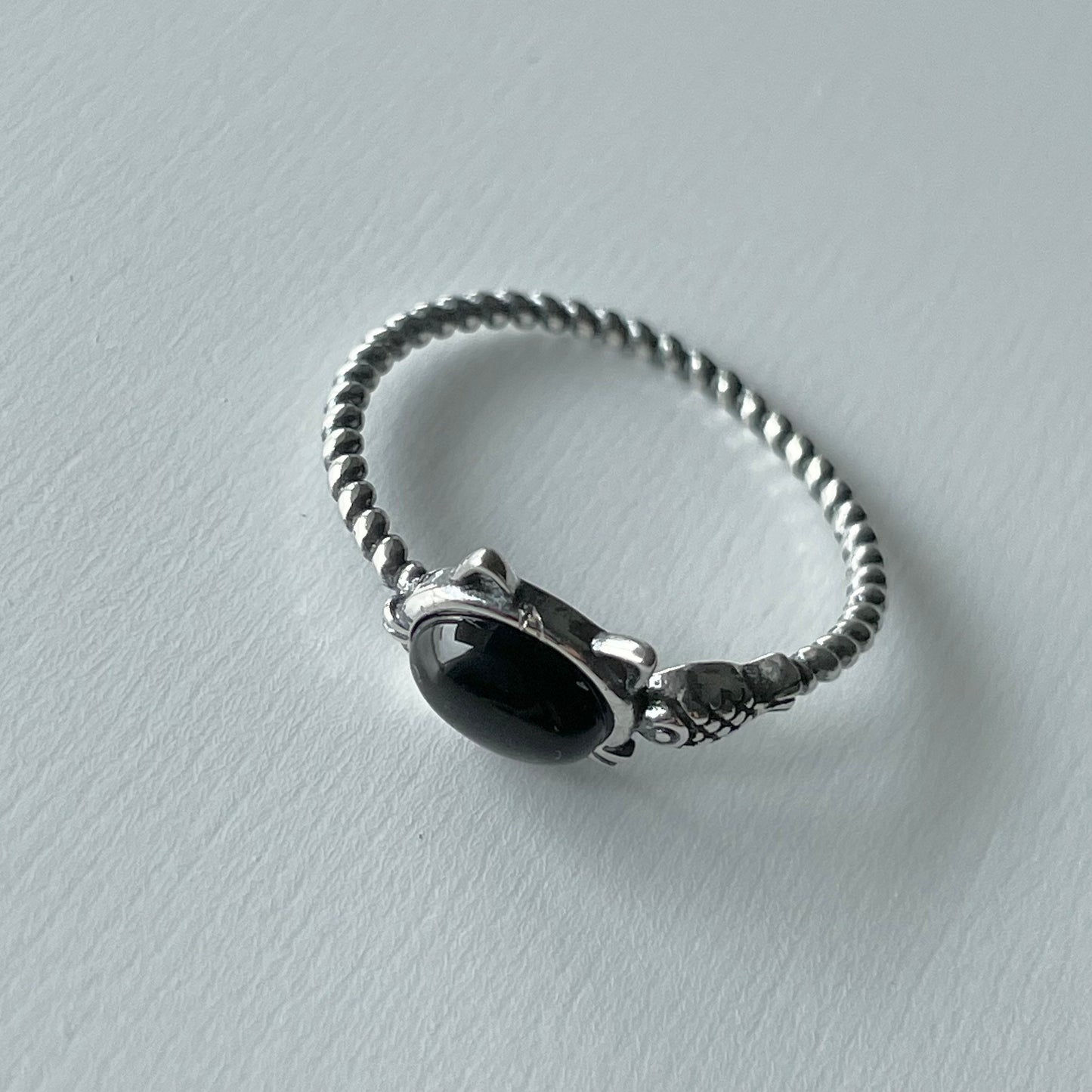 Sterling Silver Black Agate Cat & Fish Rope Ring - Oxidized Animal Jewelry
