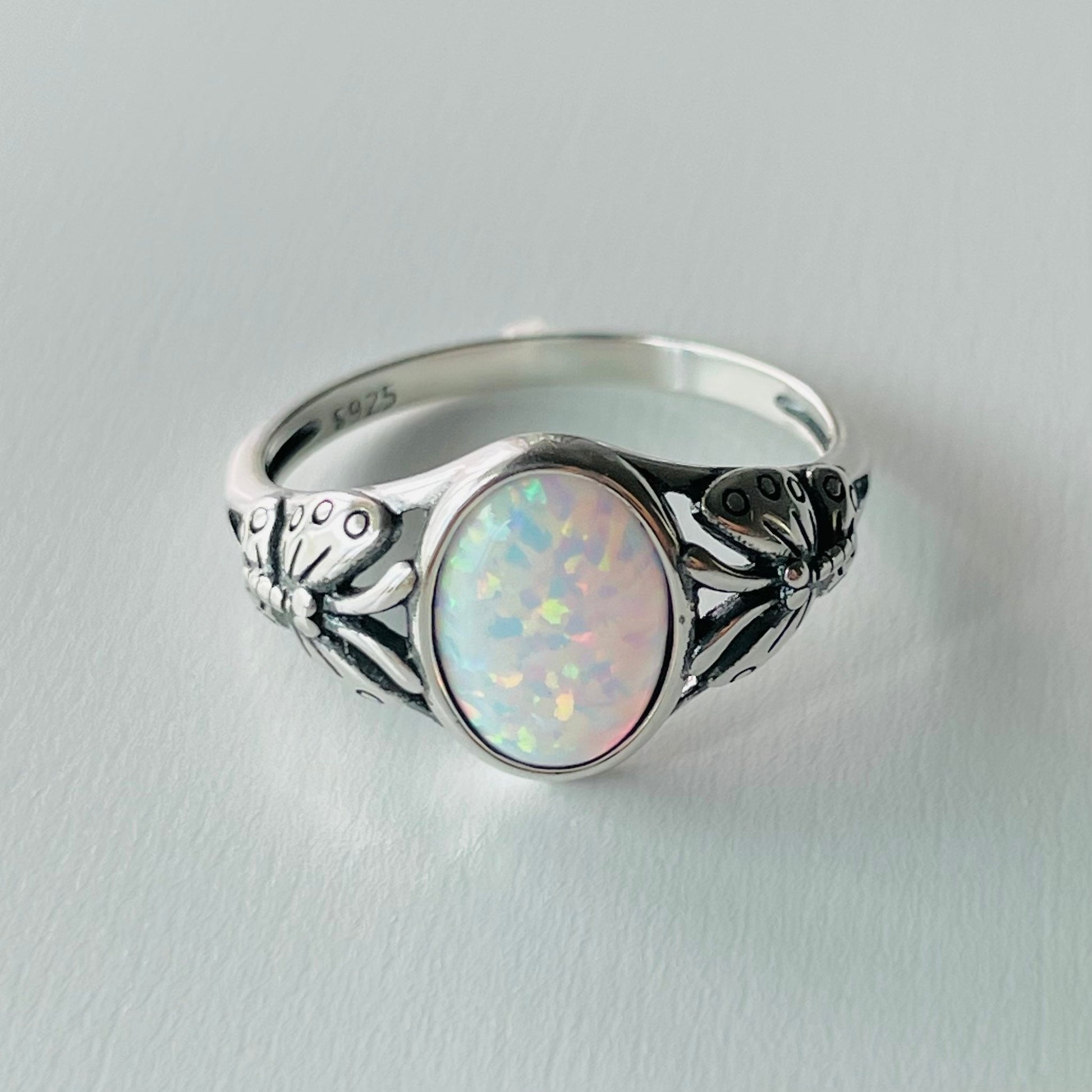 Sterling Silver White Lab Opal Ring: Butterfly Solitaire