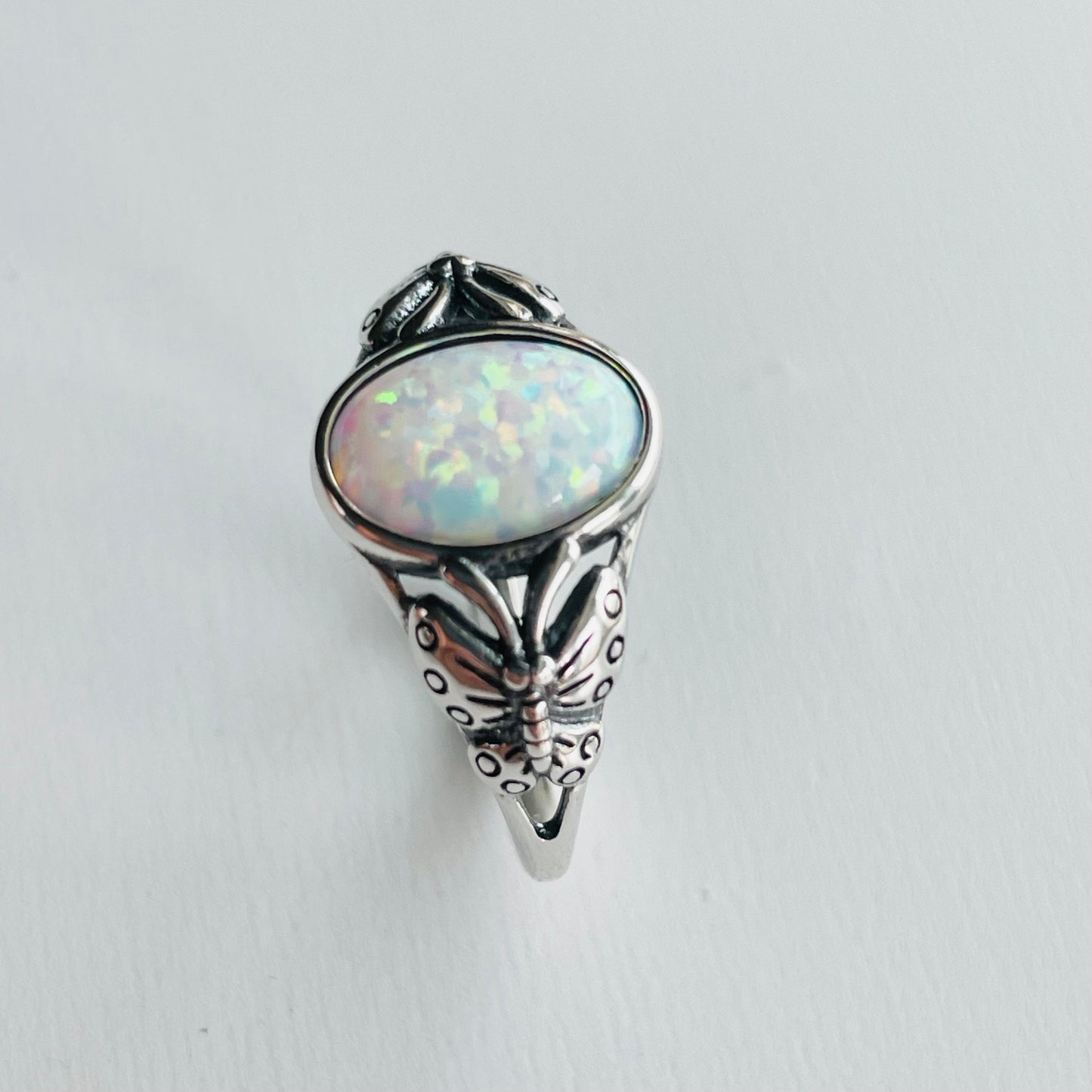 Sterling Silver White Lab Opal Ring: Butterfly Solitaire