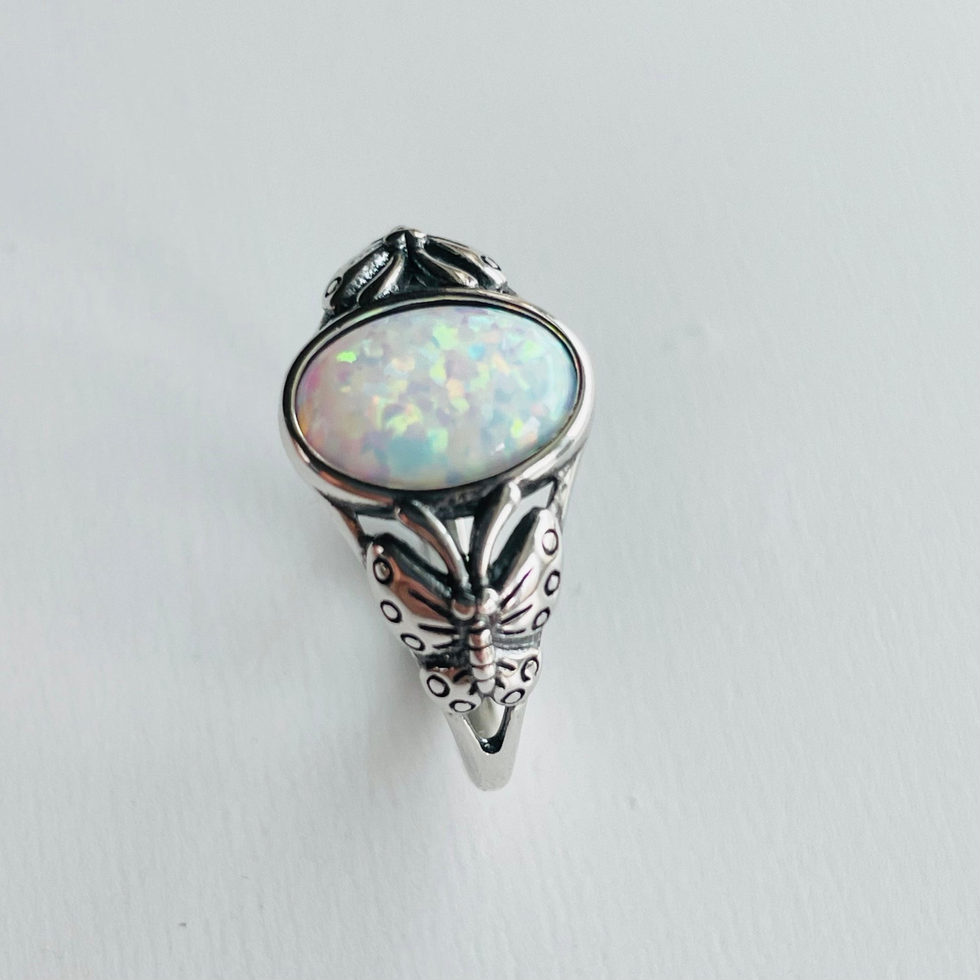 Sterling Silver White Lab Opal Ring: Butterfly Solitaire