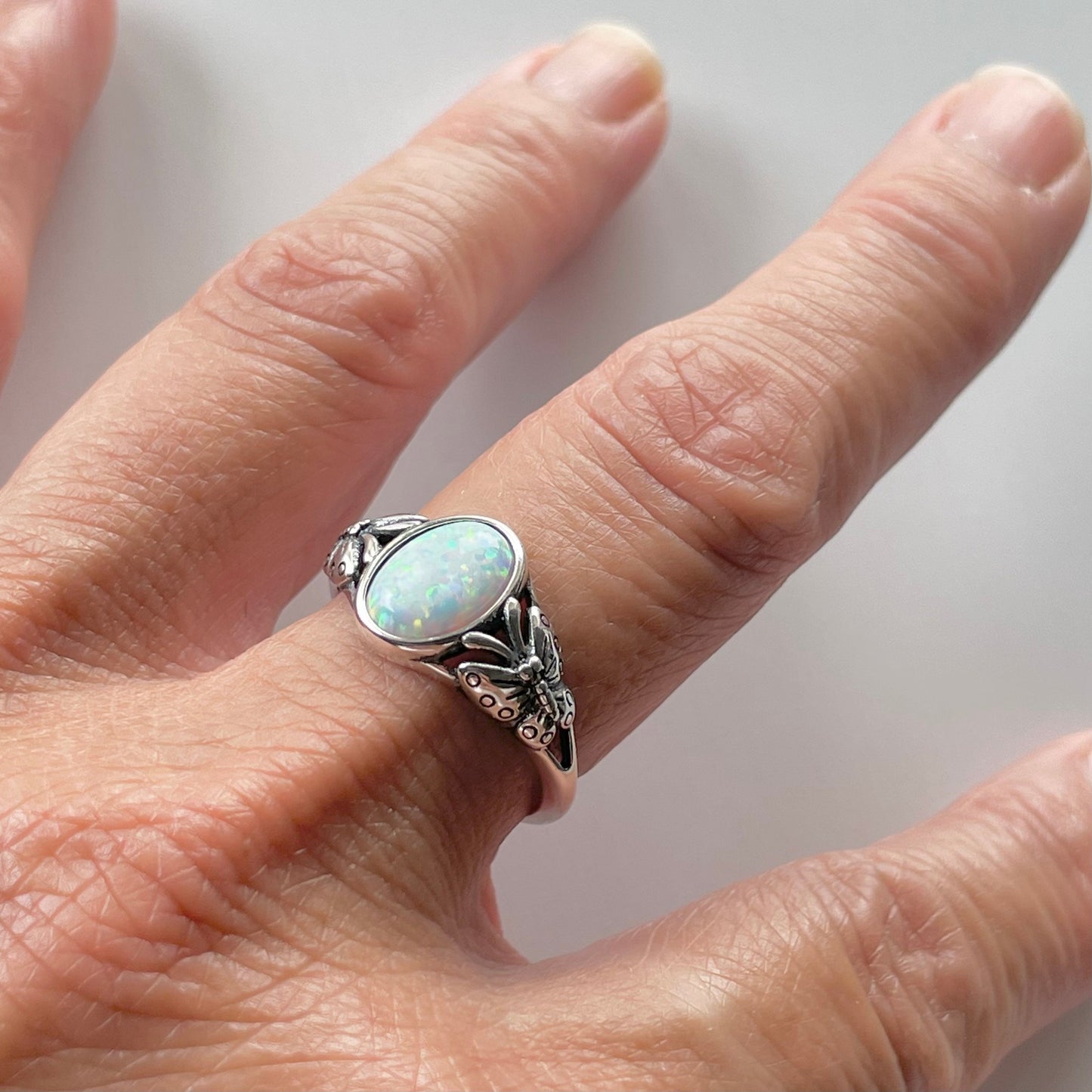 Sterling Silver White Lab Opal Ring: Butterfly Solitaire