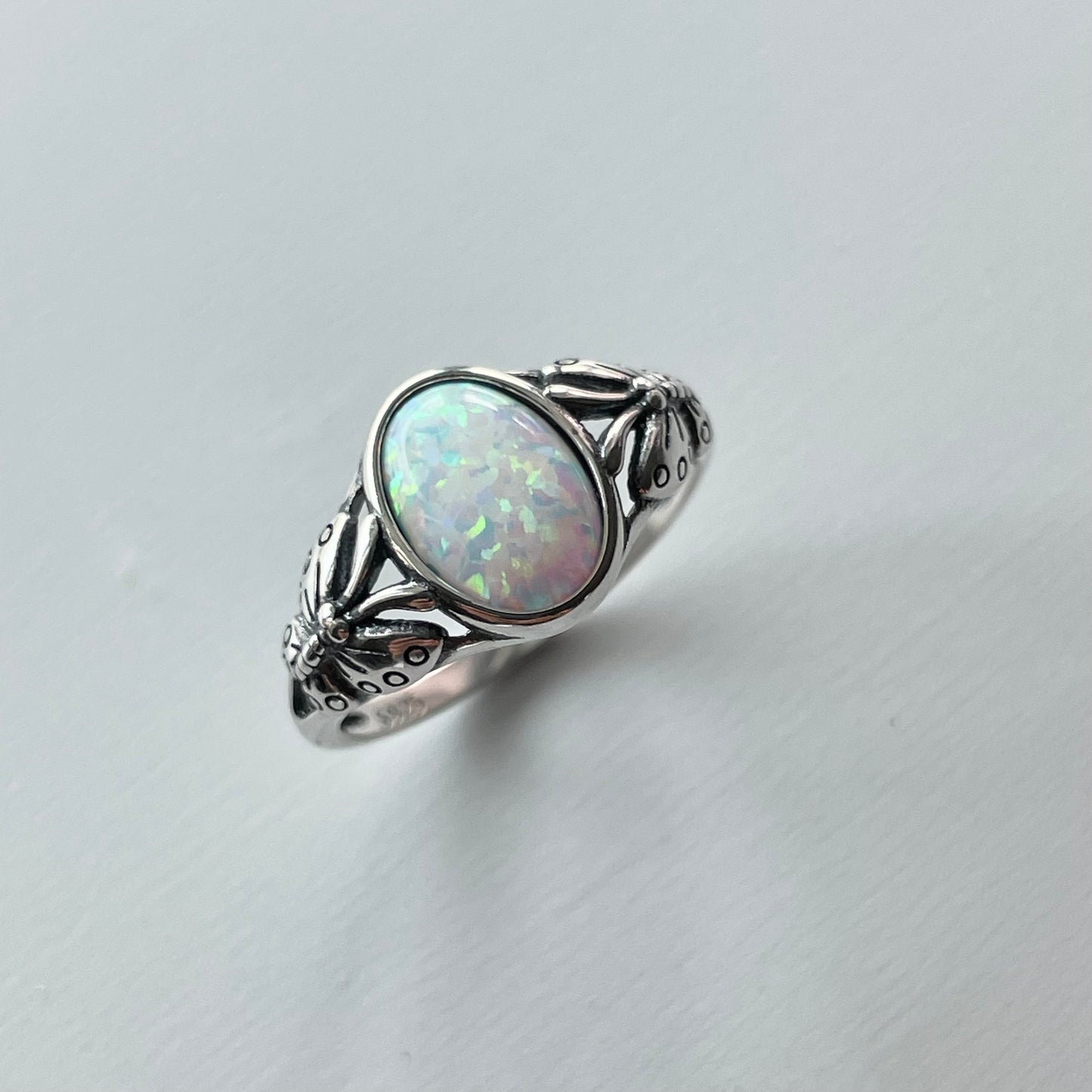 Sterling Silver White Lab Opal Ring: Butterfly Solitaire