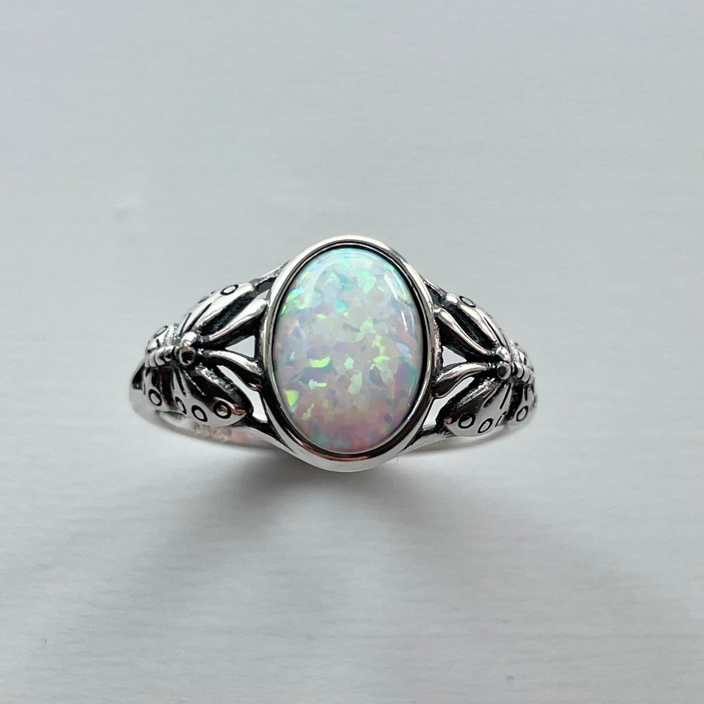 Sterling Silver White Lab Opal Ring: Butterfly Solitaire