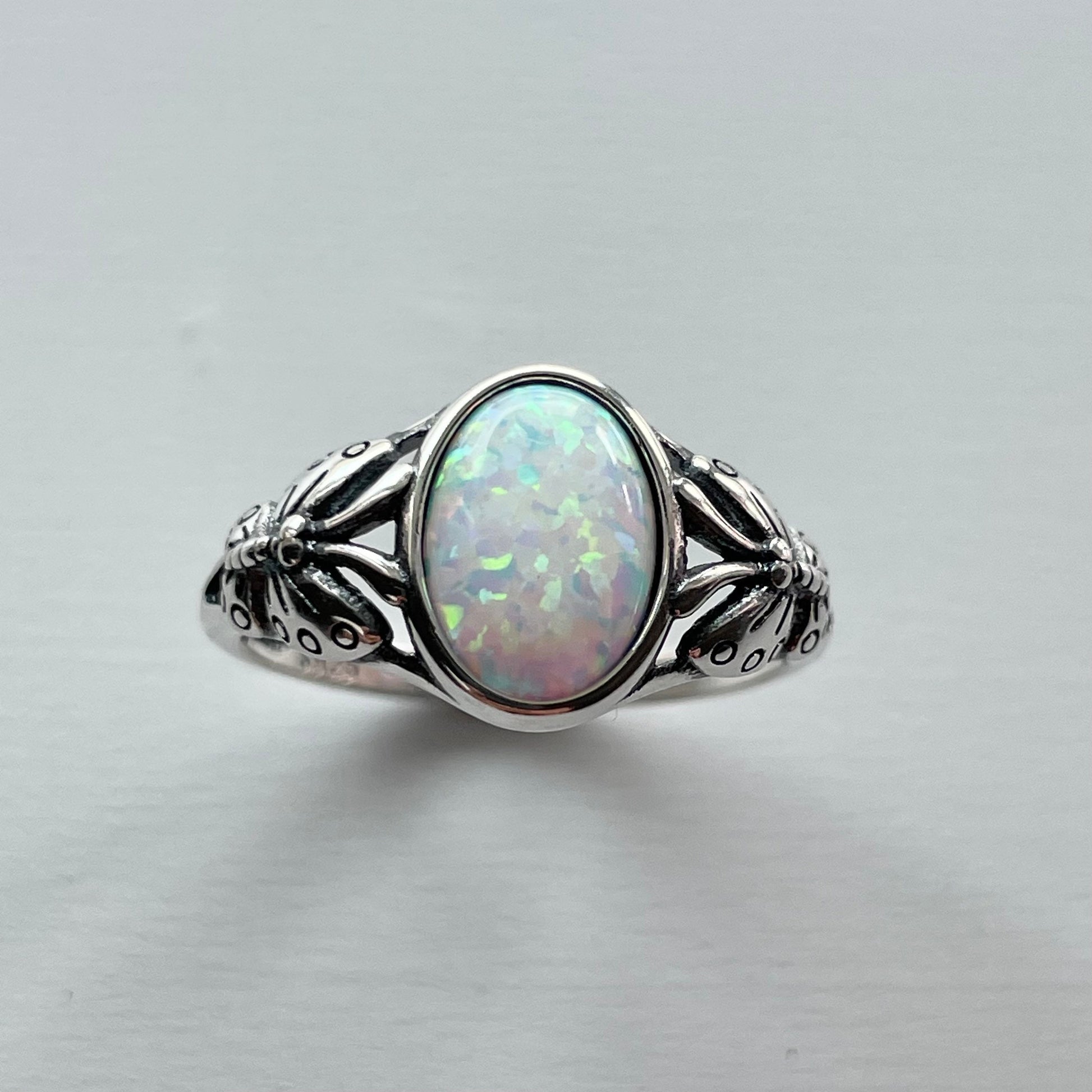 Sterling Silver White Lab Opal Ring: Butterfly Solitaire