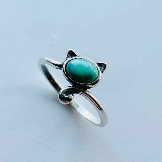 Sterling Silver Genuine Turquoise Cat Ring, Tail Cat Ring, animal ring, kitty silver ring, turquoise ring, promise ring, cat lover ring.