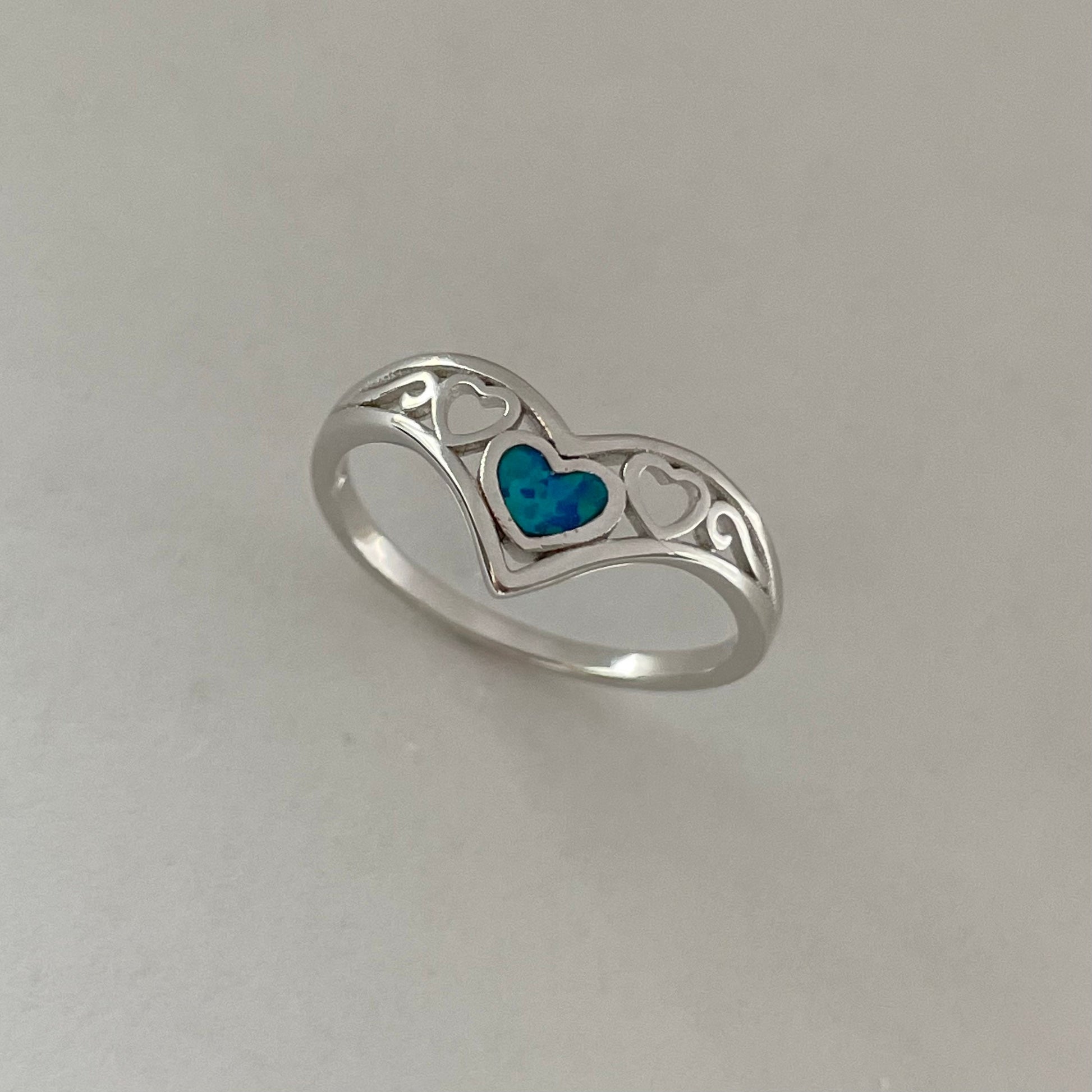 Sterling Silver V-Shape Heart Ring: Blue Lab Opal Boho Jewelry