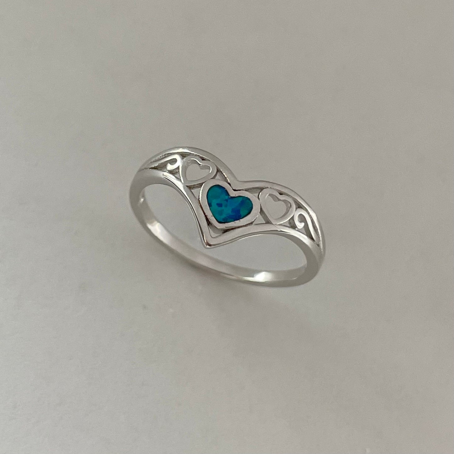 Sterling Silver V-Shape Heart Ring: Blue Lab Opal Boho Jewelry