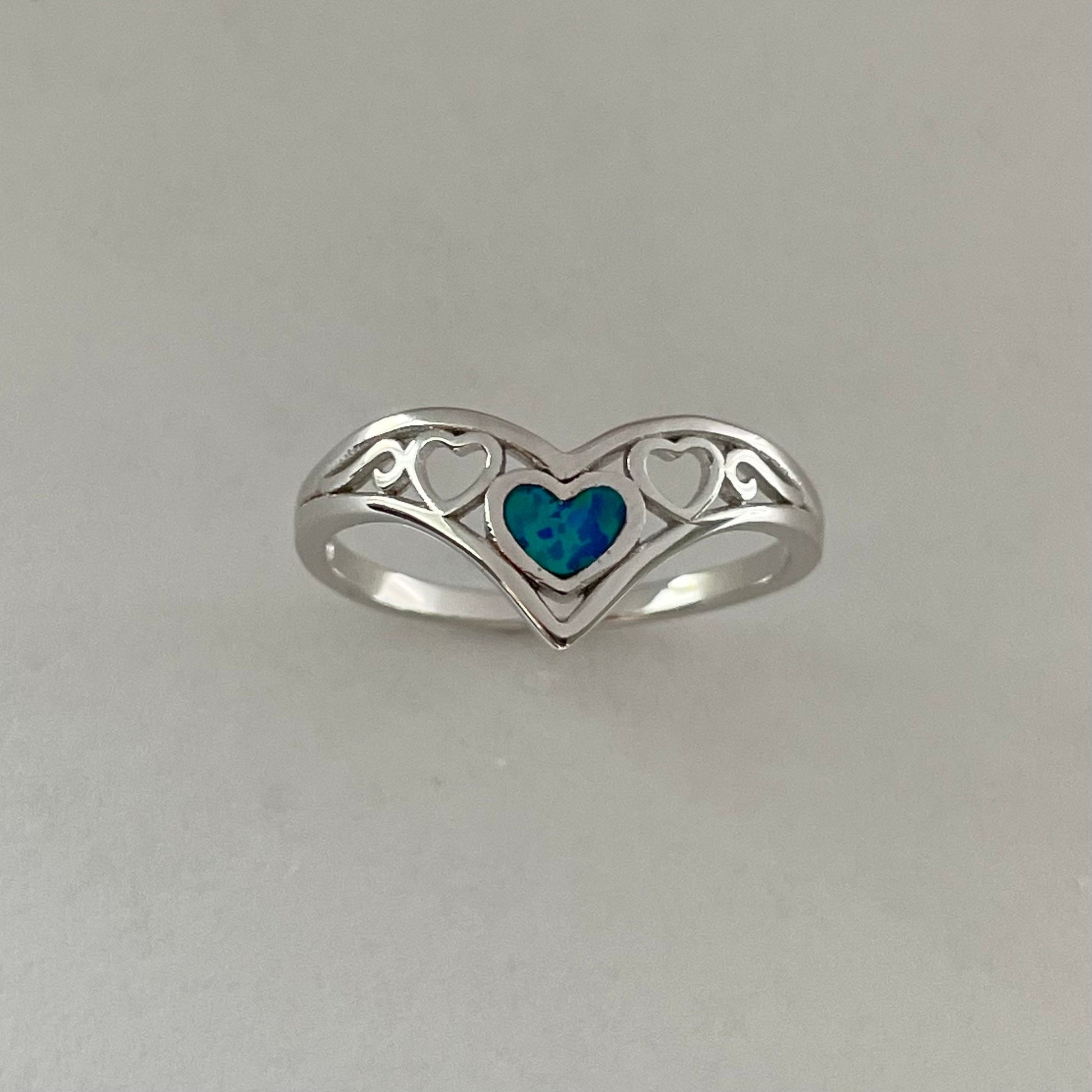 Sterling Silver V-Shape Heart Ring: Blue Lab Opal Boho Jewelry
