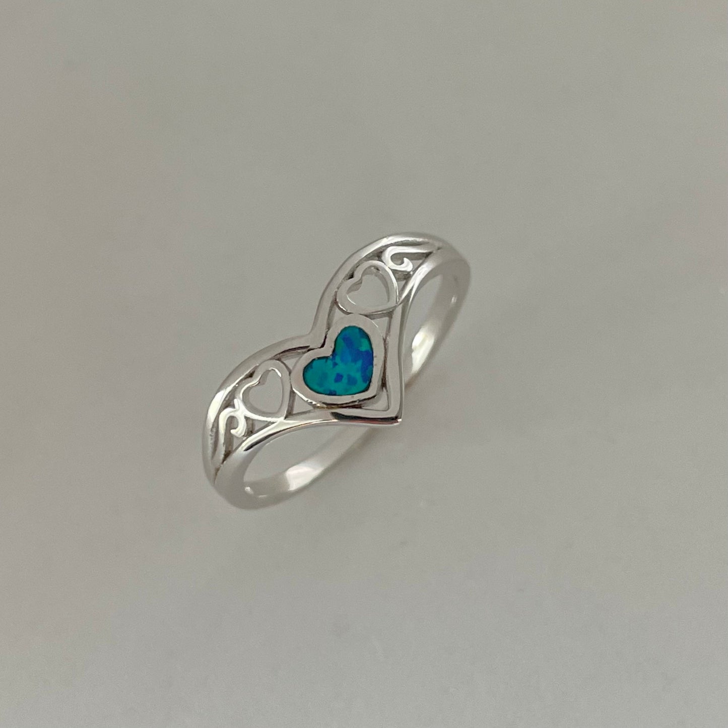 Sterling Silver V-Shape Heart Ring: Blue Lab Opal Boho Jewelry