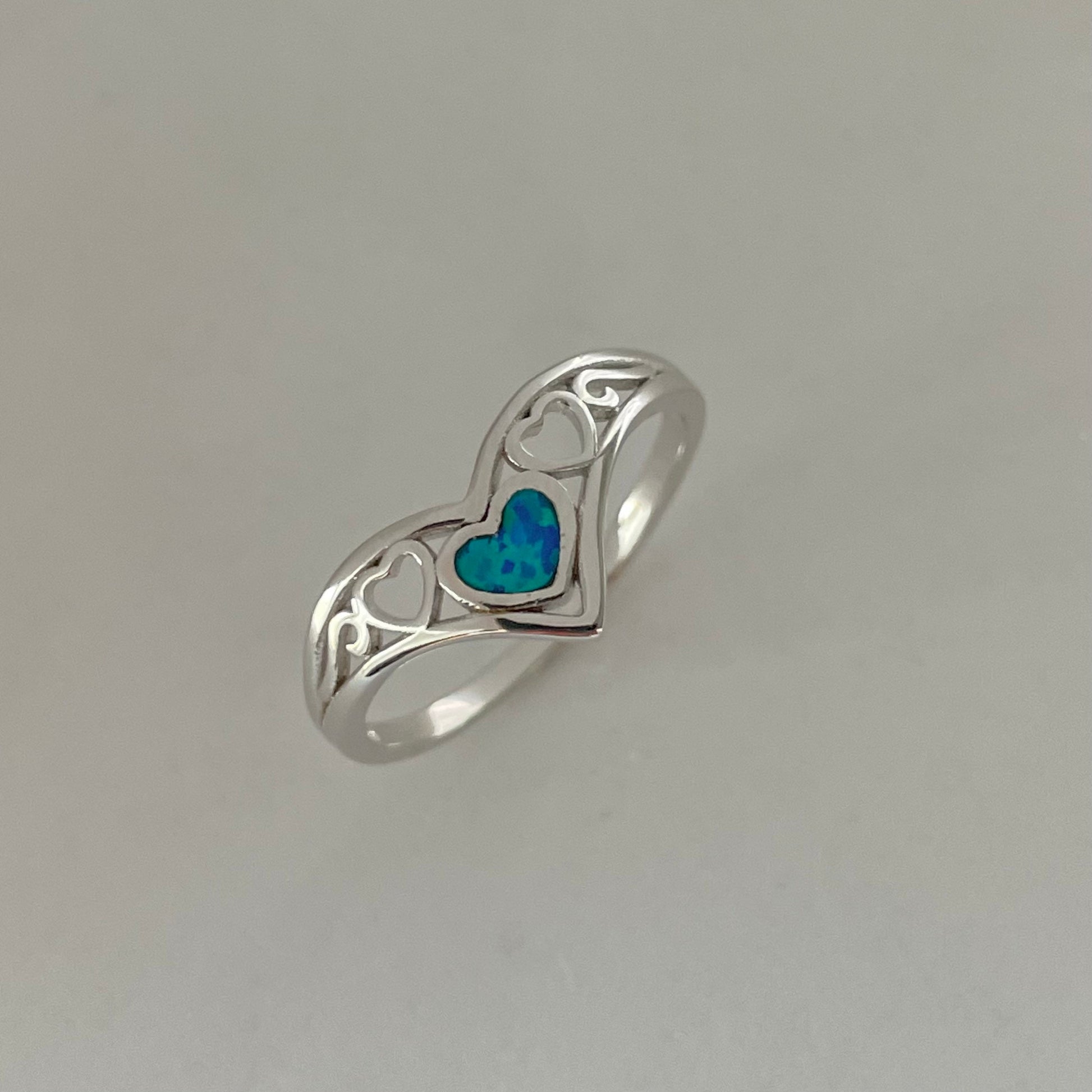 Sterling Silver V-Shape Heart Ring: Blue Lab Opal Boho Jewelry