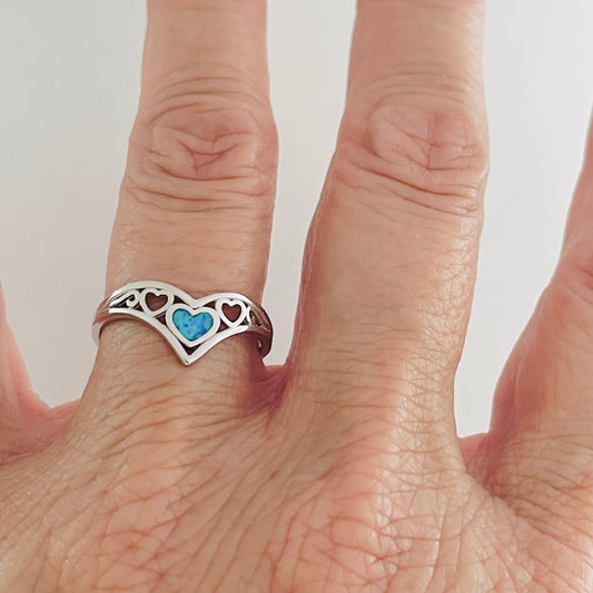 Sterling Silver V-Shape Heart Ring: Blue Lab Opal Boho Jewelry