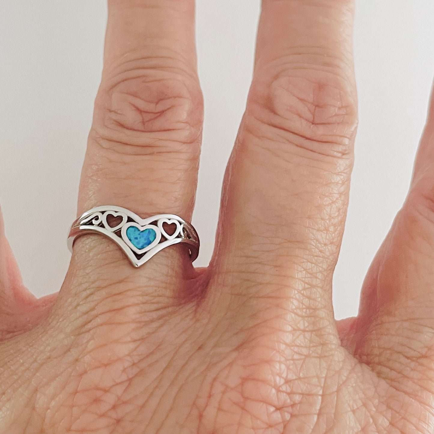 Sterling Silver V-Shape Heart Ring: Blue Lab Opal Boho Jewelry
