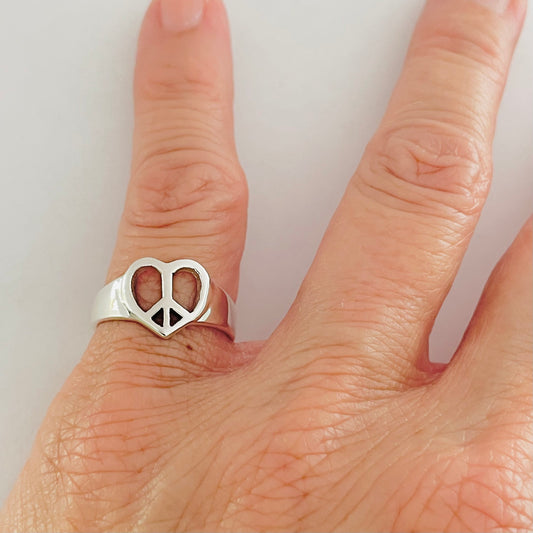 Sterling Silver Heart Peace Sign Ring: Unisex Hippie Jewelry