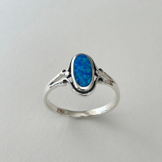 Sterling Silver Oval Blue Opal Ring: Boho Statement Jewelry