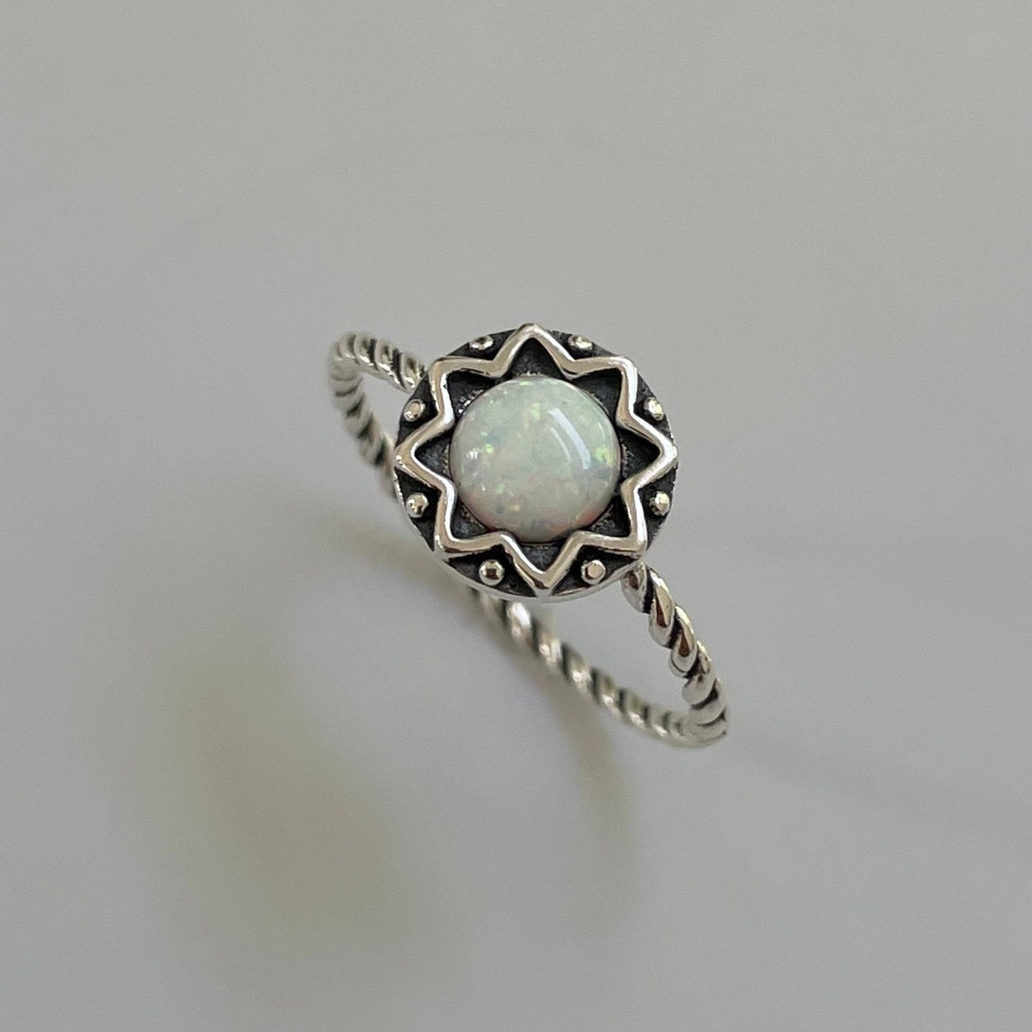 Sterling Silver White Opal Mandala Flower Ring: Boho Rope Band