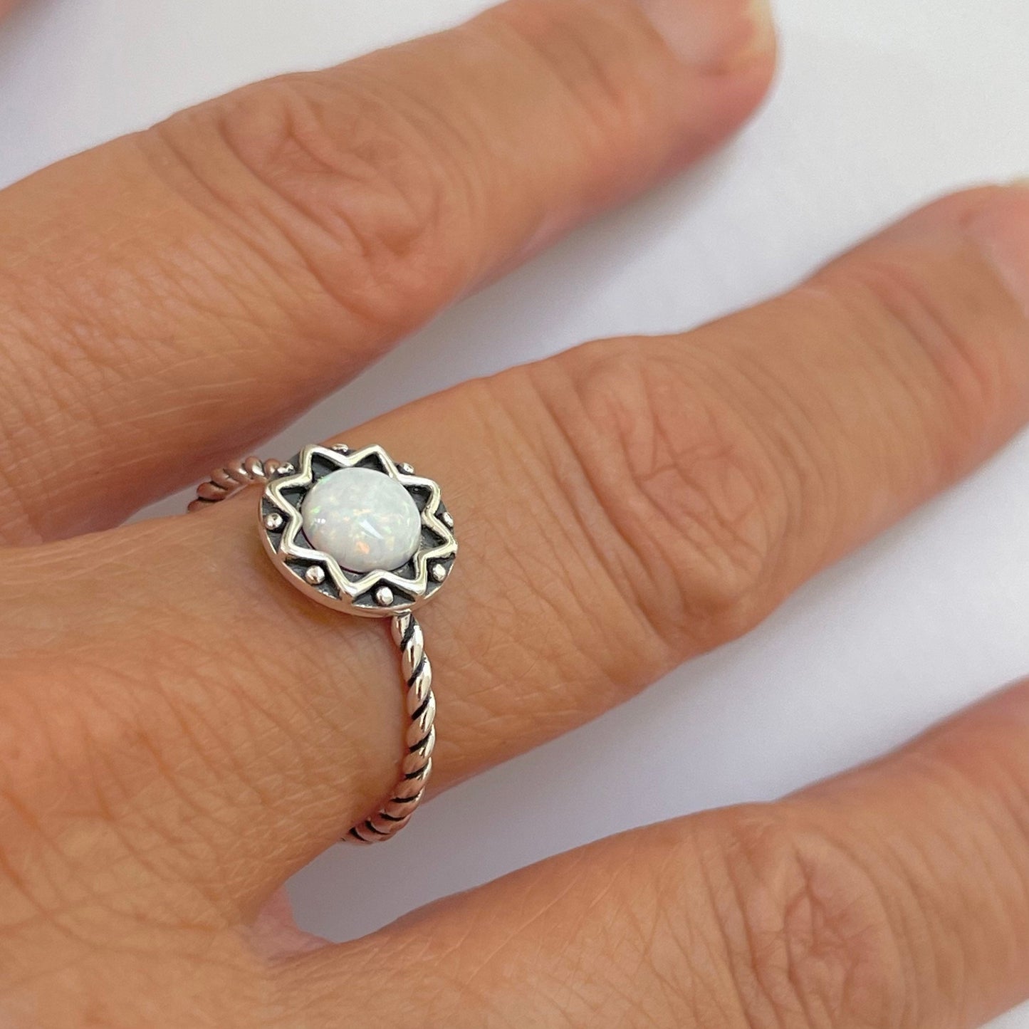 Sterling Silver White Opal Mandala Flower Ring: Boho Rope Band