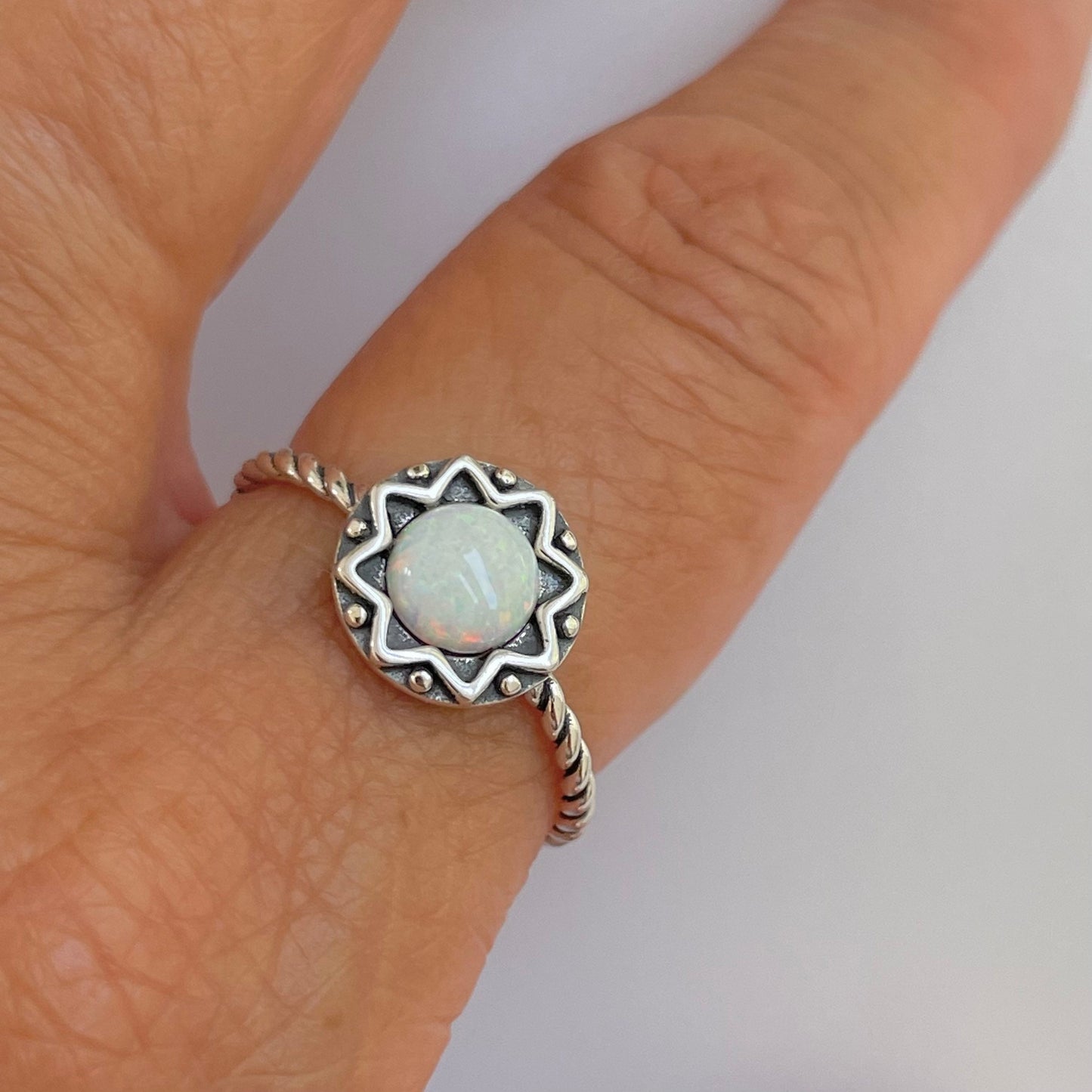 Sterling Silver White Opal Mandala Flower Ring: Boho Rope Band